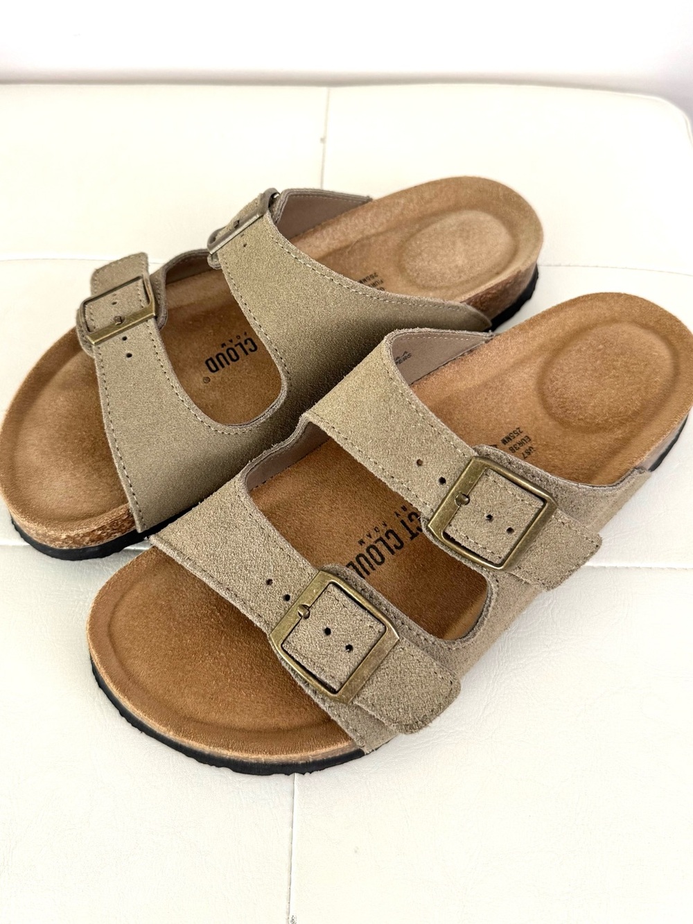 Suede Double-Buckle Sandals in Tan